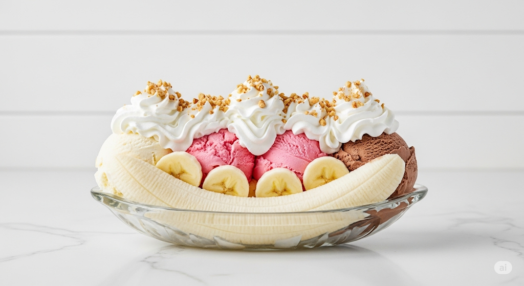 Banana split with vanilla, strawberry, and chocolate ice cream, banana slices, whipped cream, and nuts