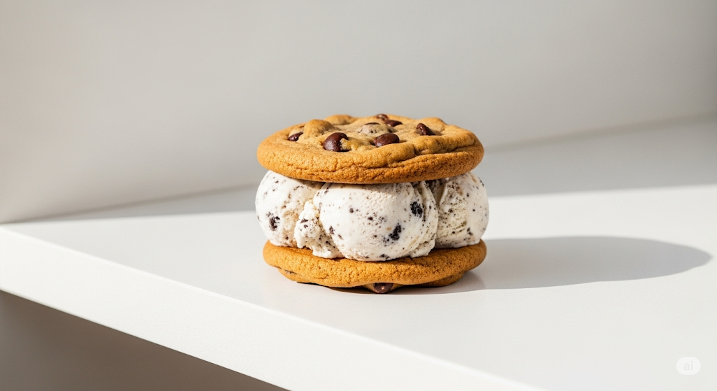 Ice cream sandwich with cookies and cream flavor between two chocolate chip cookies