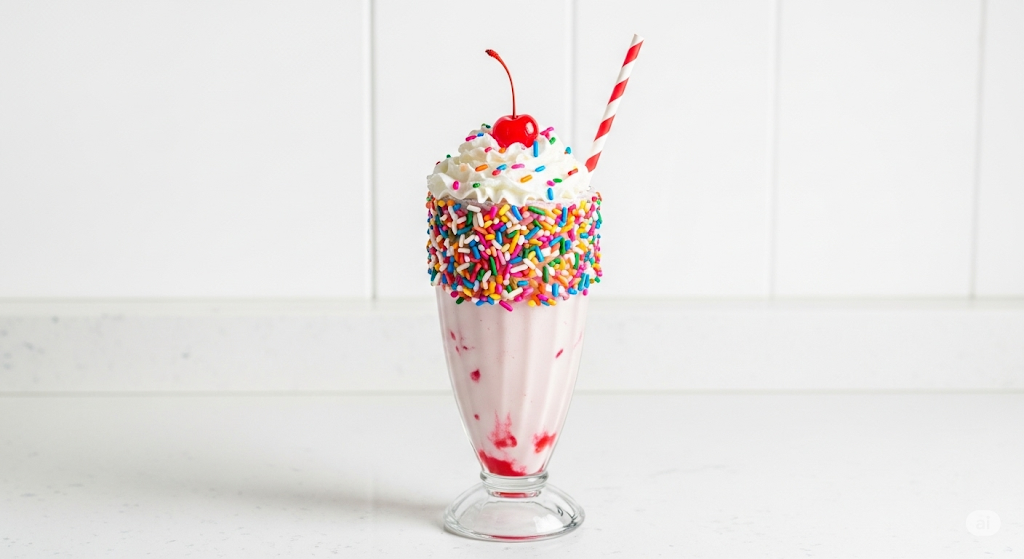 Ice cream milkshake with whipped cream, sprinkles, and a cherry, served in a tall glass with a striped straw