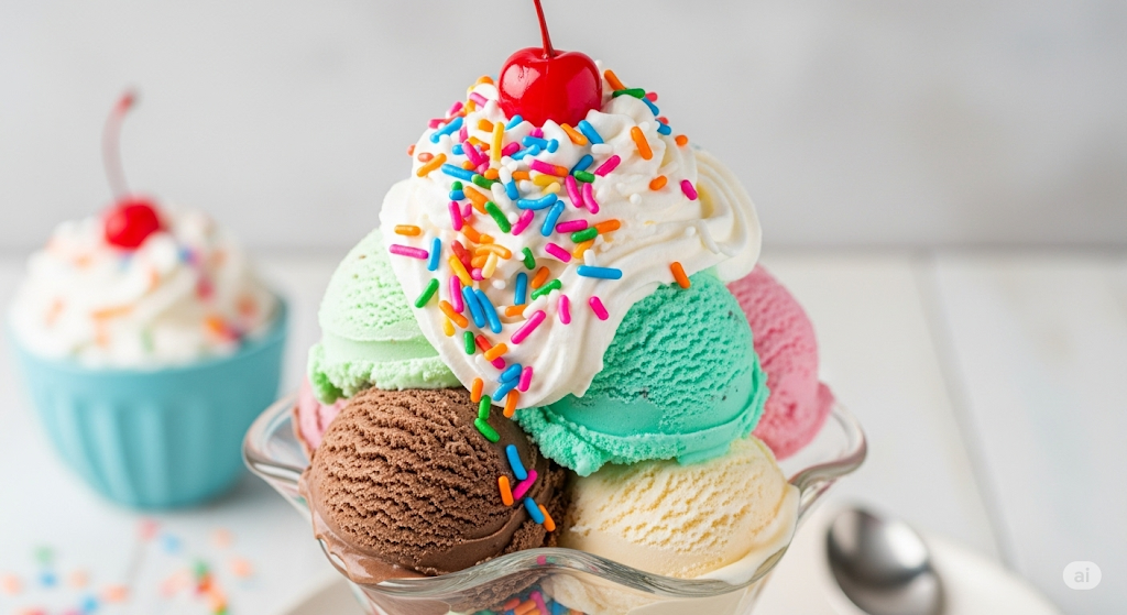 Colorful ice cream sundae with multiple scoops, whipped cream, cherry on top, and rainbow sprinkles in a glass bowl