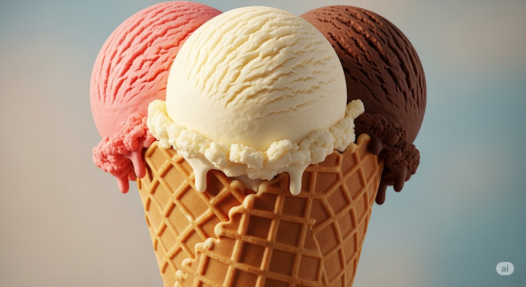 Artisanal ice cream cone with three scoops of different flavors - strawberry, vanilla, and chocolate - in a waffle cone