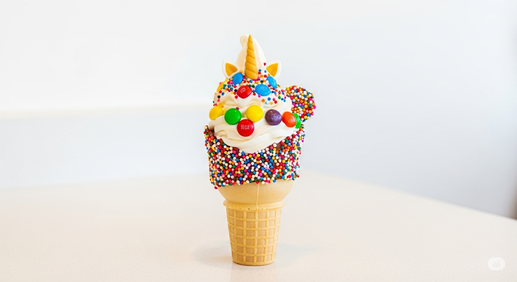 Soft serve ice cream in a cone with colorful toppings and a unicorn horn decoration